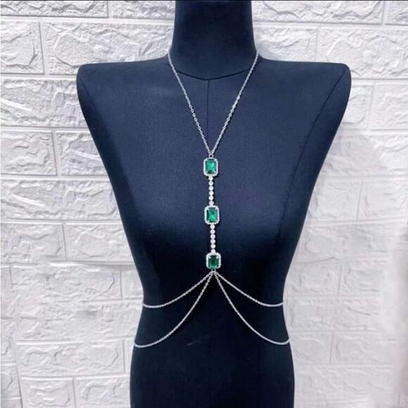 Emerald Silver Zircon Body Chain, Elegant, Classy, Minimalist, Punk - Picture 5 of 5